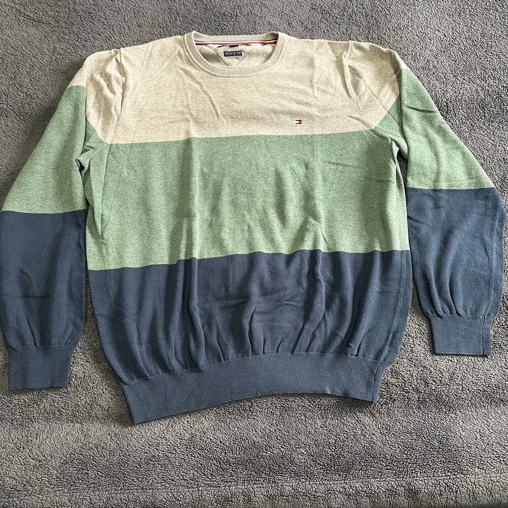 Tommy Hilfiger Mens XL Premium‎ Cotton Colorblock Crewneck Sweater Retro 80s Y2K